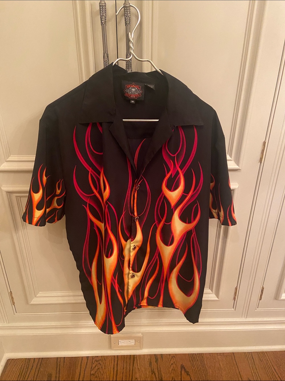 Men's Short Sleeve Flame Button-Down Shirt - Black with Orange/Red Flames